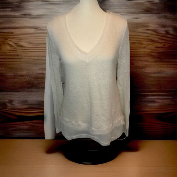 Women’s Sam Edelman CREAM Linen V Neck Layered  Pullover Long Sleeve Top Sz M - Picture 1 of 11